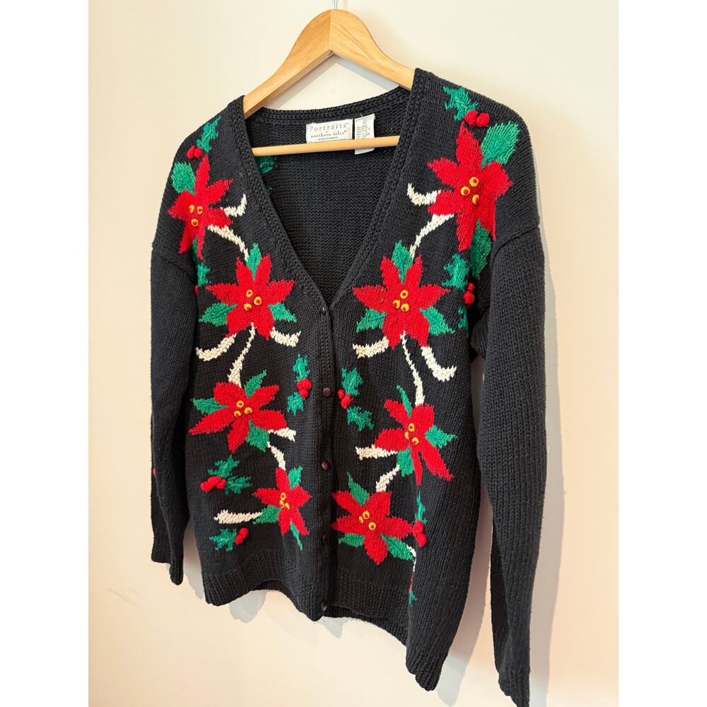 Vintage 80s Portraits by Northern Isles Hand-Knit Poinsettia Holiday Cardigan L - Picture 5 of 9